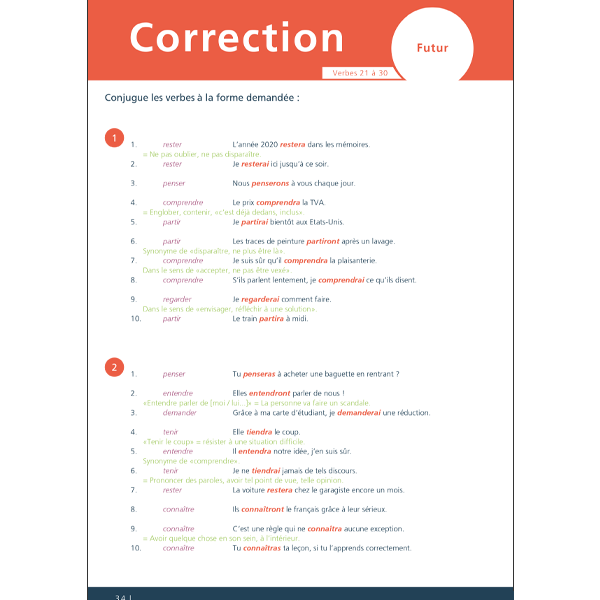 1,000 sentences of exercises with corrections and explanations on the 50 verbs most used by the French
