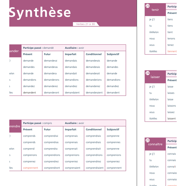 A table summarizing the conjugation of the 5 selected tenses for each of the 50 most commonly used verbs in French